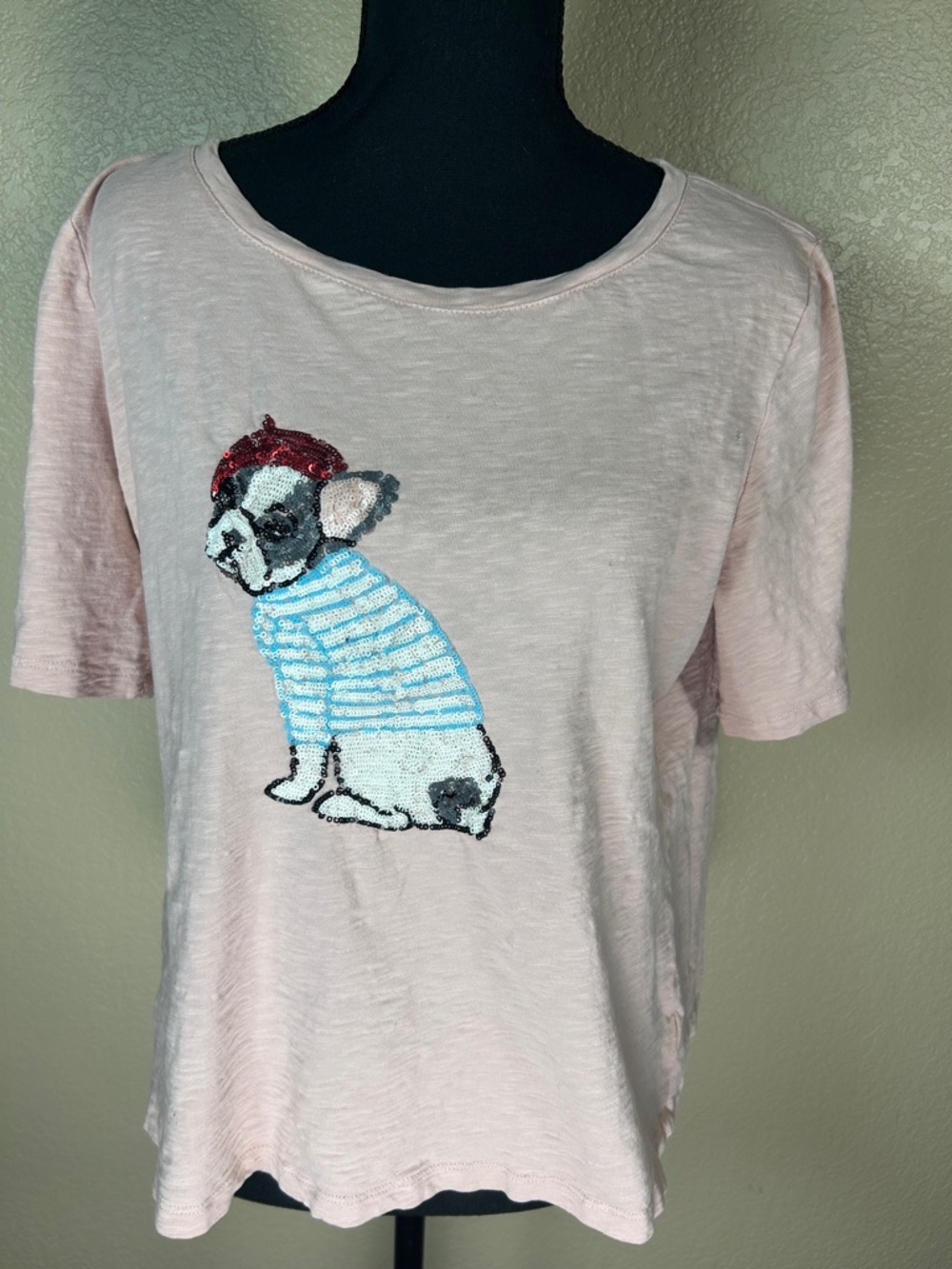 Talbots Peachy Pink Sequin French Bulldog Frenchie Short Sleeve Tee Size Large - Picture 1 of 7